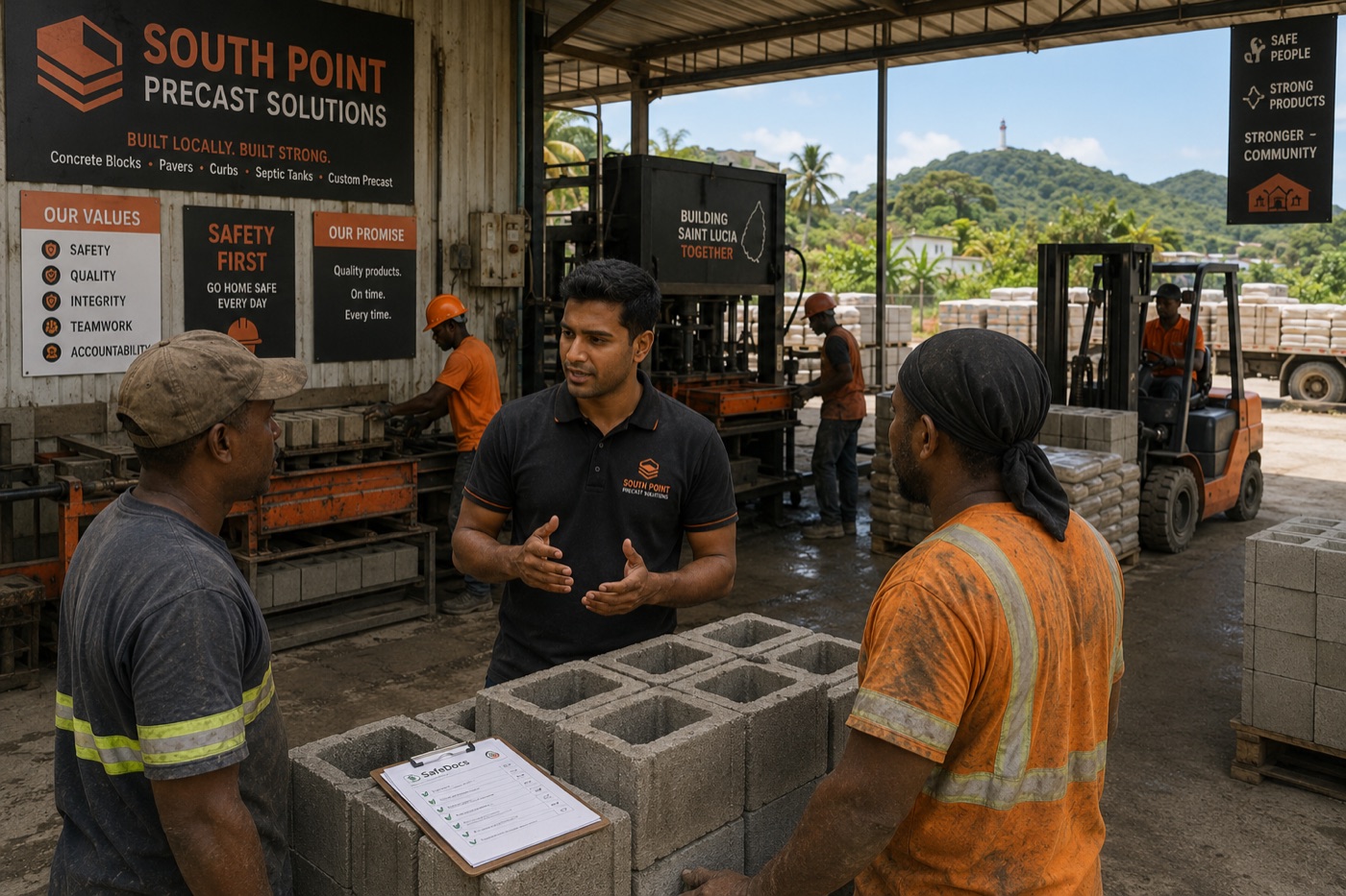 A Saint Lucia manufacturing business owner discussing operations with his team on the factory floor